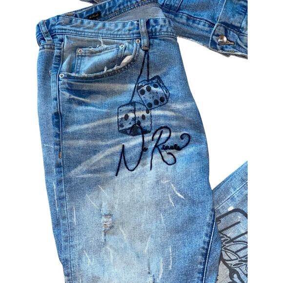 VTG AKOO Redline 2 Piece Denim Set Button Up Jean Jacket & Pants SZ M TOP 36X32 - Picture 2 of 16